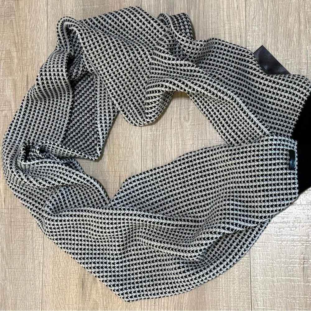 Coach Black & Ivory Knit Scarf w/ Leather Logo Patch